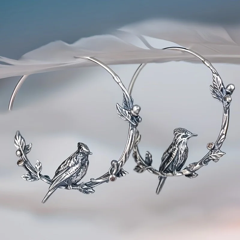 Vintage Animal Bird Leaf Round Women Earrings Silver Color Drop Earrings for Women Gift Jewelry