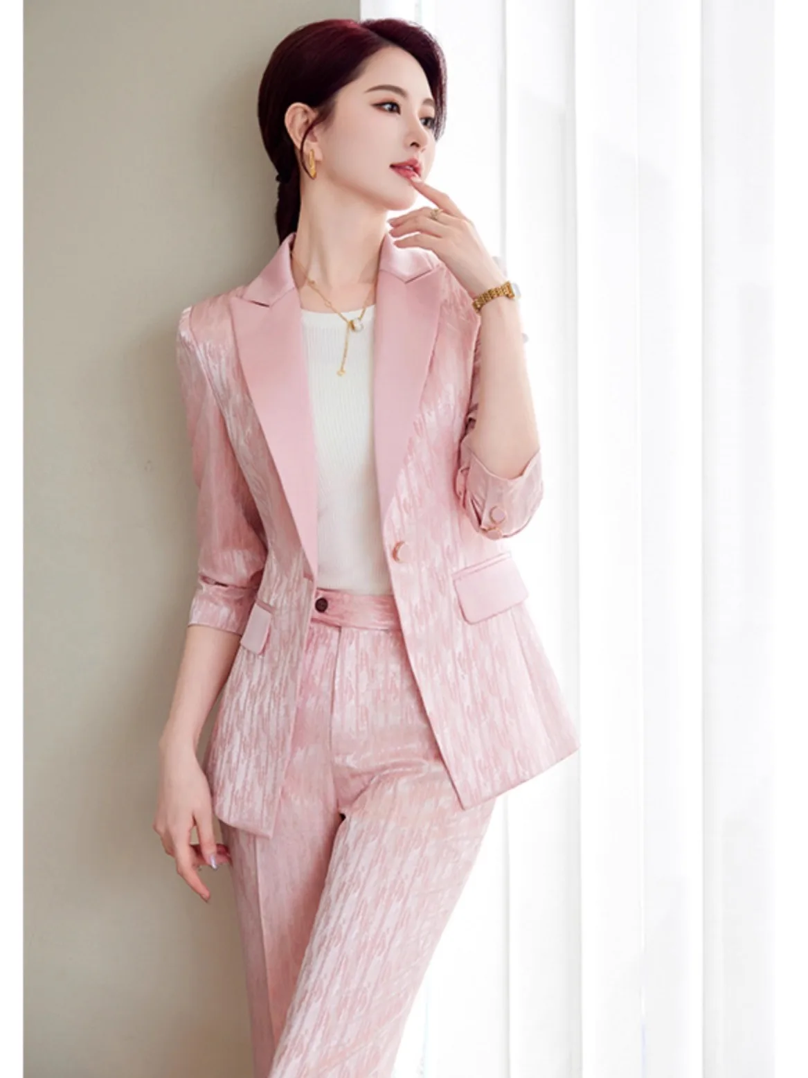 

Розовый костюм, повседневный комплект из двух предметов высокого класса для женщин, уникальный сли, офисная одежда, полиэфирное волокно, спандекс 3%