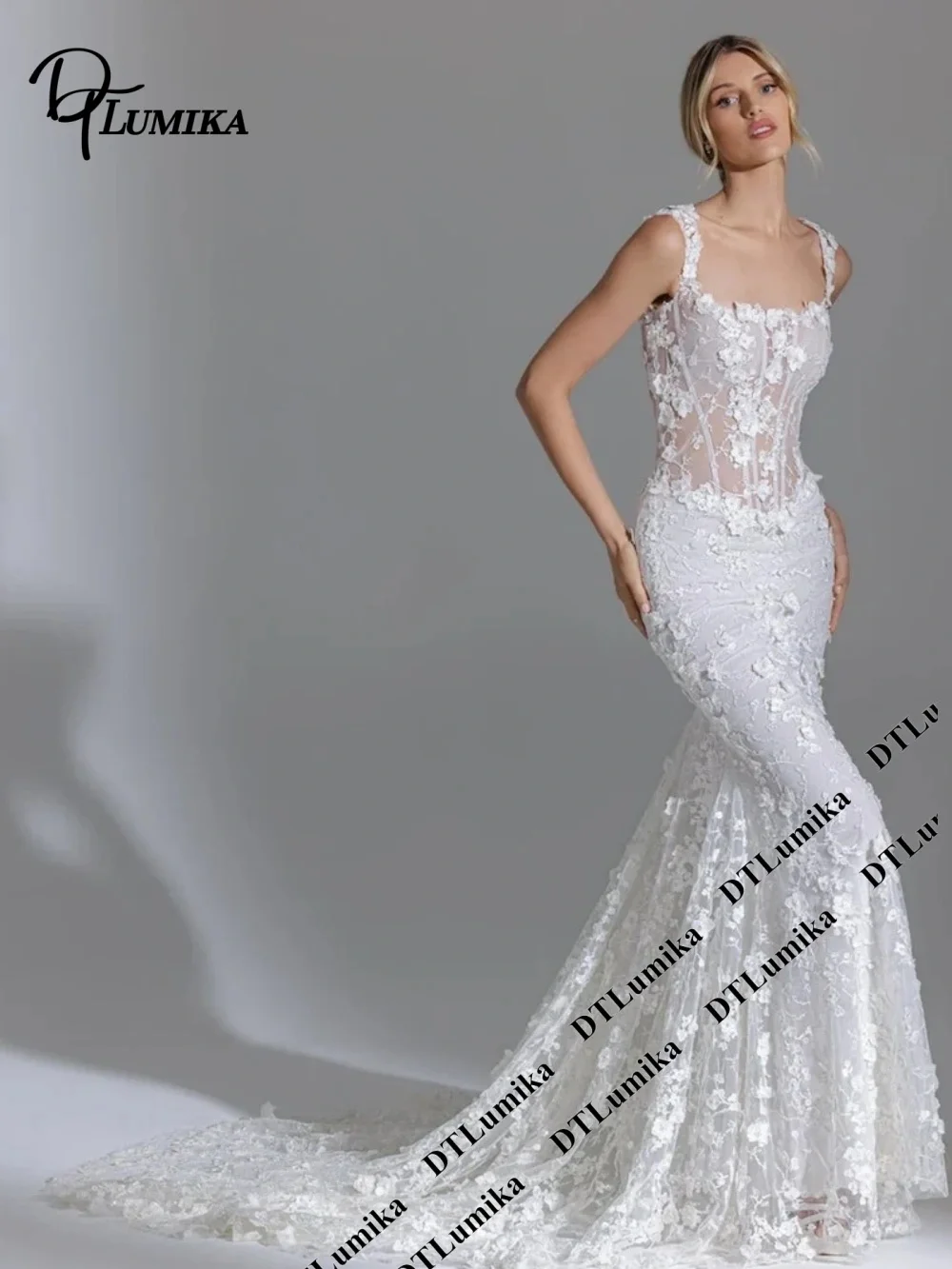 DTLumika Sexy Mermaid Lace Wedding Dress 2026 Spaghetti Strap Square Neck Bridal Gown with Train Fitted Custom Made Bride Dress
