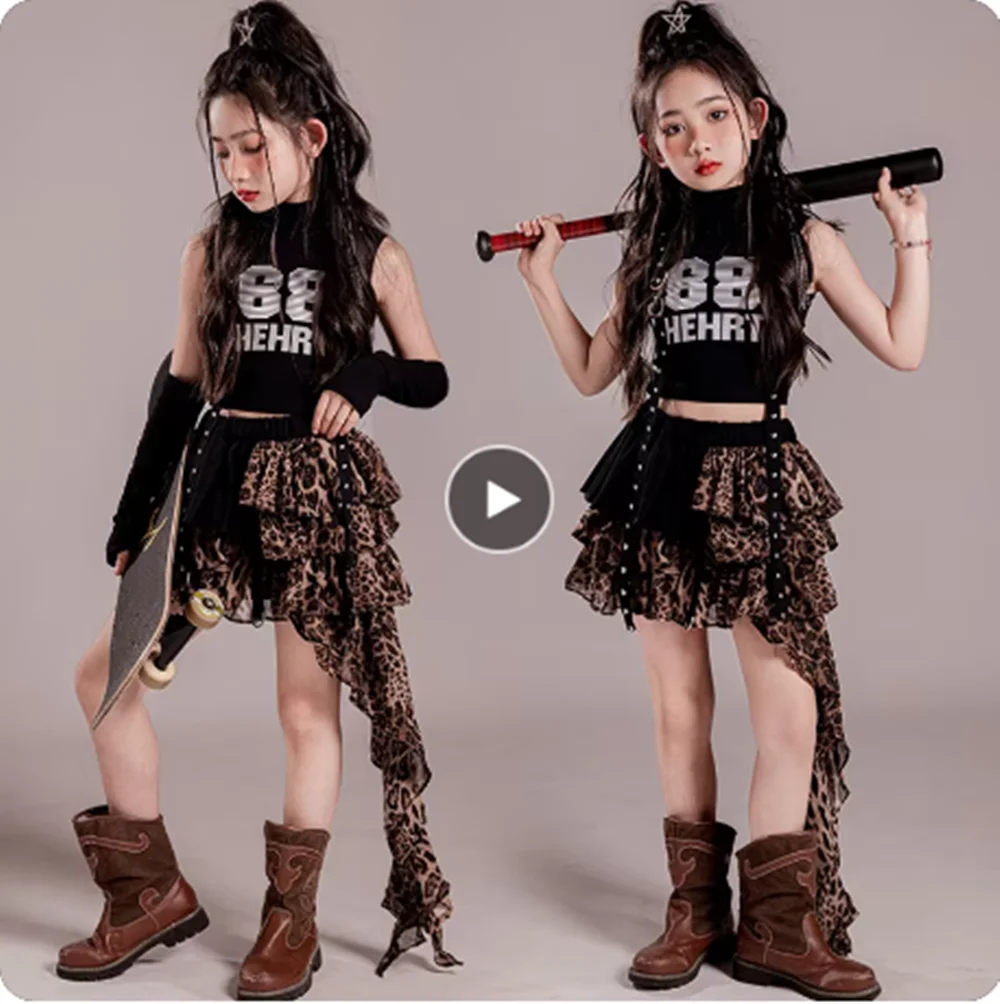 Girls Jazz Dance Outfit Children Hip Hop Perforamnce Clothing Kpop Fashion Clothes Kids Dance Wear Black Tank Top Leopard Skirt