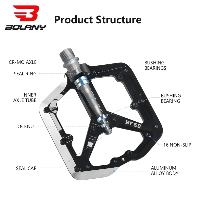 

BOLANY 6.0 Aluminum Alloy Bike Pedals: CNC Hollow, Anti-slip, 3-bearing Lubricated with 16 Nails for MTB