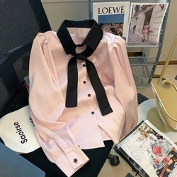 Unique Pink Satin Shirt for Women in Spring and Autumn Niche Design Long Sleeved Tie Shirt Small Bubble Sleeve Blouses Shirts