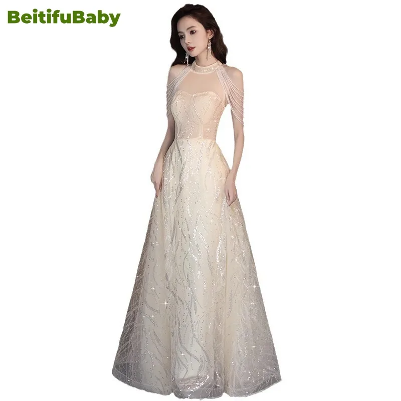 BeitifuBaby Engagement Evening Dress for Women Light Luxury Halter Tassel Banquet Gown Women\'s Wedding Party Dresses Vestidos