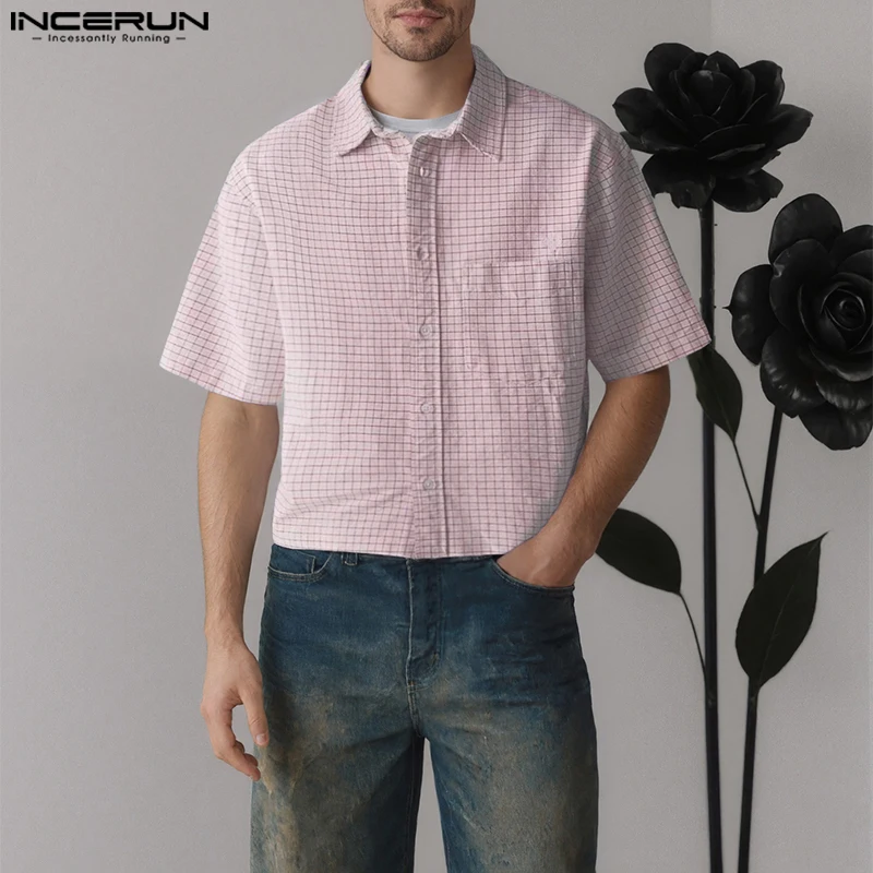 

INCERUN Мужская клетчатая рубашка с лацканами и коротким рукавом, летняя повседневная мужская одежда, уличная одежда, свободные рубашки, модные топы для отдыха 2025, S-5XL