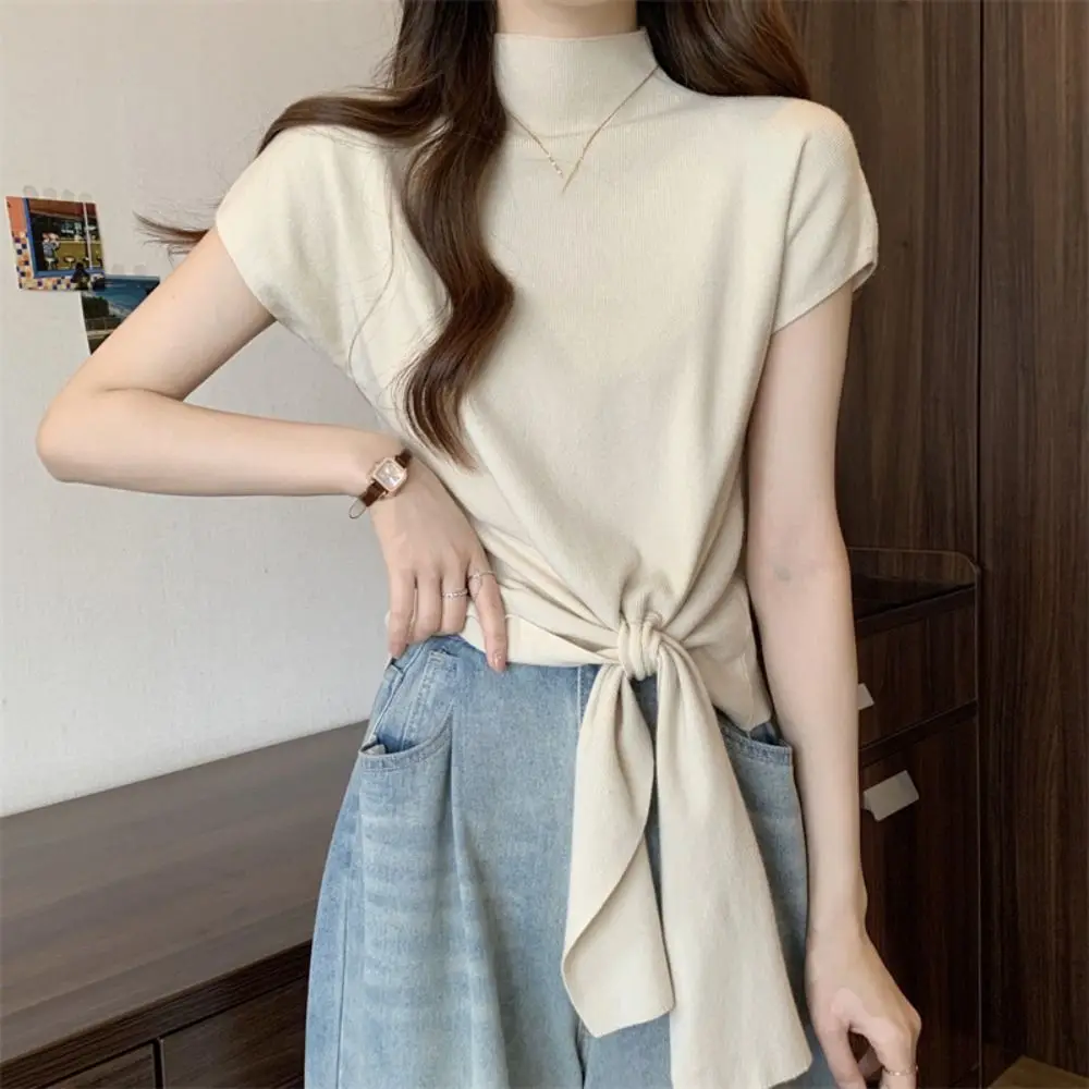 

Cute Lace Up Short Sleeve T-shirt Kintwear Chic Y2K Crop Top Women Simple Slim Fit Half High Collar Tees Top Summer