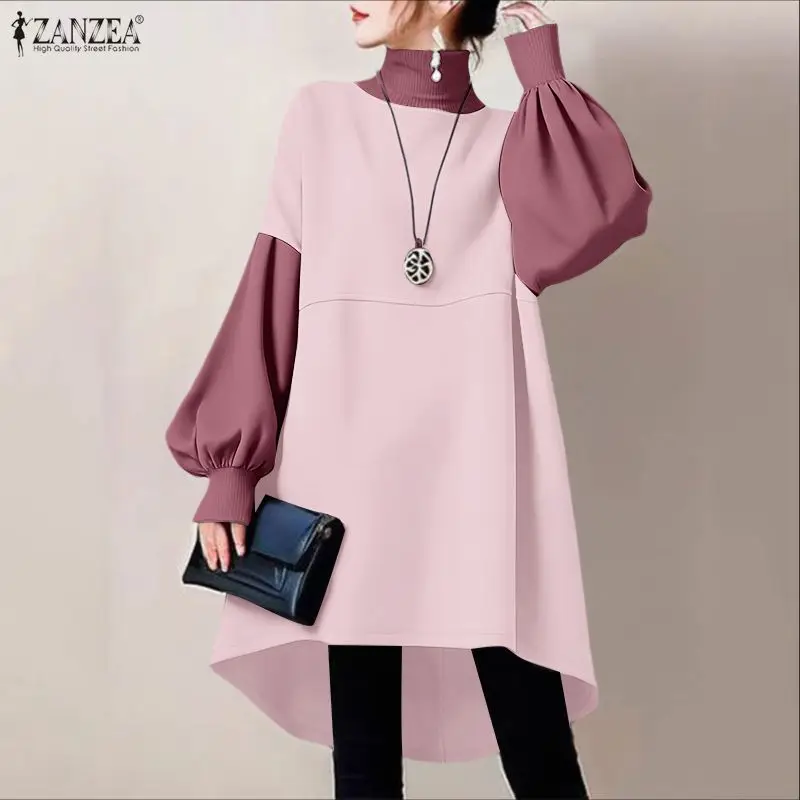 

Модные асимметричные топы ZANZEA для женщин, блузка с высоким воротником и длинными рукавами-фонариками, элегантная уличная одежда, туник, весенне-осенние блузы