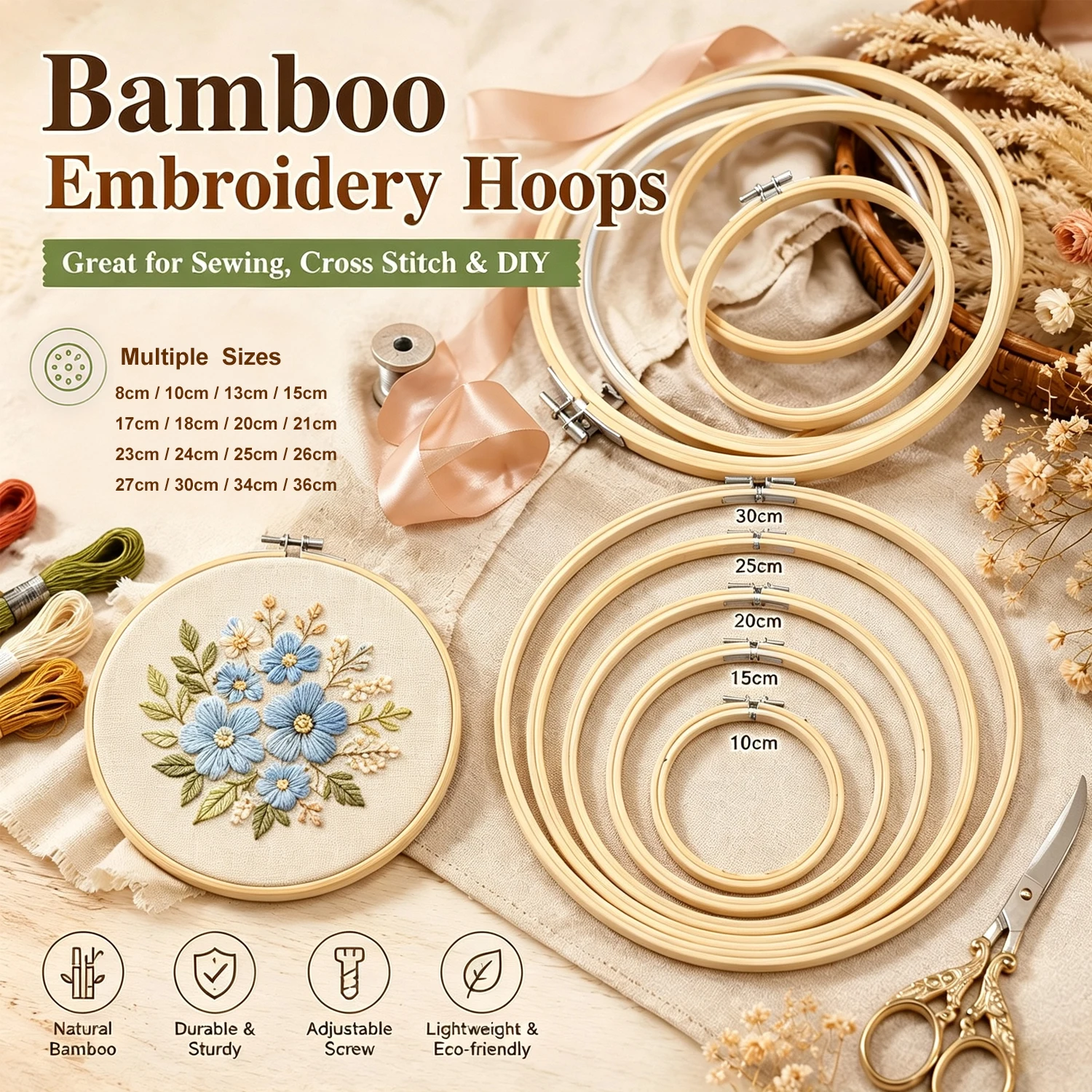 Embroidery Frame - Lingkaran Bordir Bambu Alami Multi-Ukuran 8‑36cm,