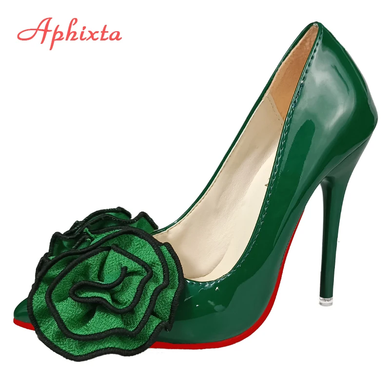 Aphixta Dark Green 12cm Stiletto Heels Women Pumps Rose Flowers Appliques Work Student Size Colorful Party Shoes Big Size 33-50