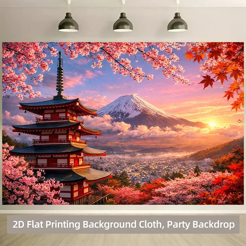 Japan Mount Fuji Pagoda Cherry Blossom Sunset Tapestry 2D Flat Printing Wall Hanging Backdrop for Living Room Bedroom Decor