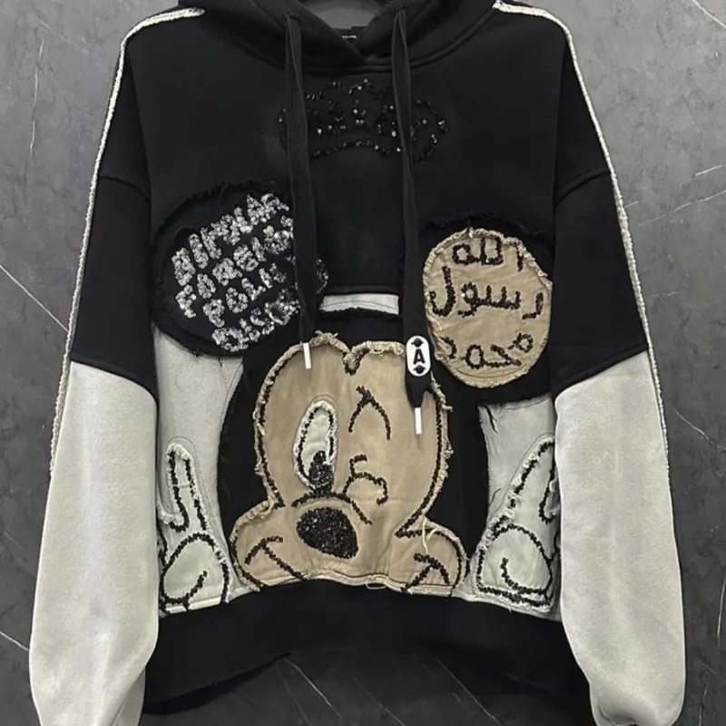 

Korean Fashion Oversized Hoodie Color Blocked Heavy Craft Sequin Embroidery Mickey Autumn Winter Hooded Long Sleeved Sweatshirt