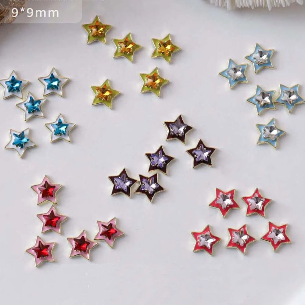 Breloques colorées en forme d'étoile pour ongles, 10 pièces, en alliage, 3D, base en métal, cristal, bijoux, design japonais, décoration