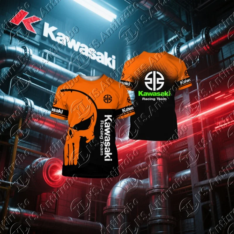 

25-26 Мужская футболка новой гоночной команды Kawasaki, летняя быстросохнущая футболка с короткими рукавами и 3D принтом, повседневная спортивная одежда для мотоциклов