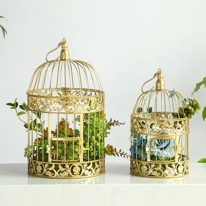 Gold Bird Cage Ornaments Iron Art Hotel Living Room Metal Bird Cage European Wedding Window Props