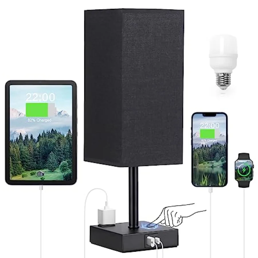

Lamp for BedroomTouch Lamp with USBC+A and AC Outlets, 3 Way Bedside Nightstand Square Table Lamp for,Guest Room Living Rroom,