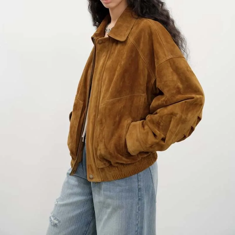 women coat autumn winter new fashion short length suede leather jacket natural real sheepskin high quality