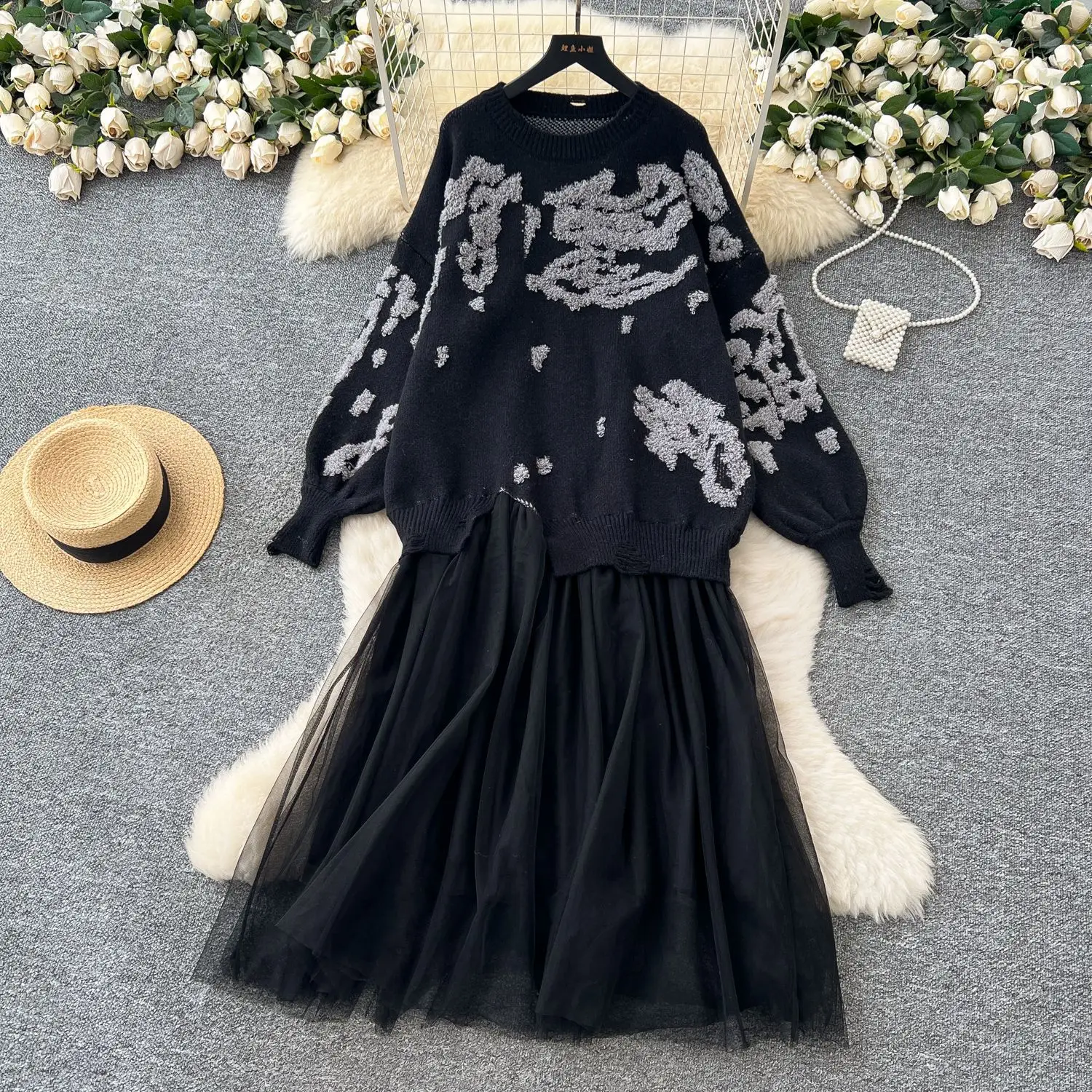 Lange jurk dames twee nep-jurken gebreid een lijn vestidos feestavond streetwear ronde hals volledige mouw elegant y2k werk