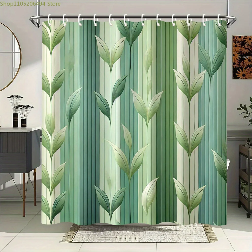 

A Shower Curtain with a Green Leaf Striped Design, Measuring Includes Hooks, Made of Polyester Fabric, Easy multiple sizes