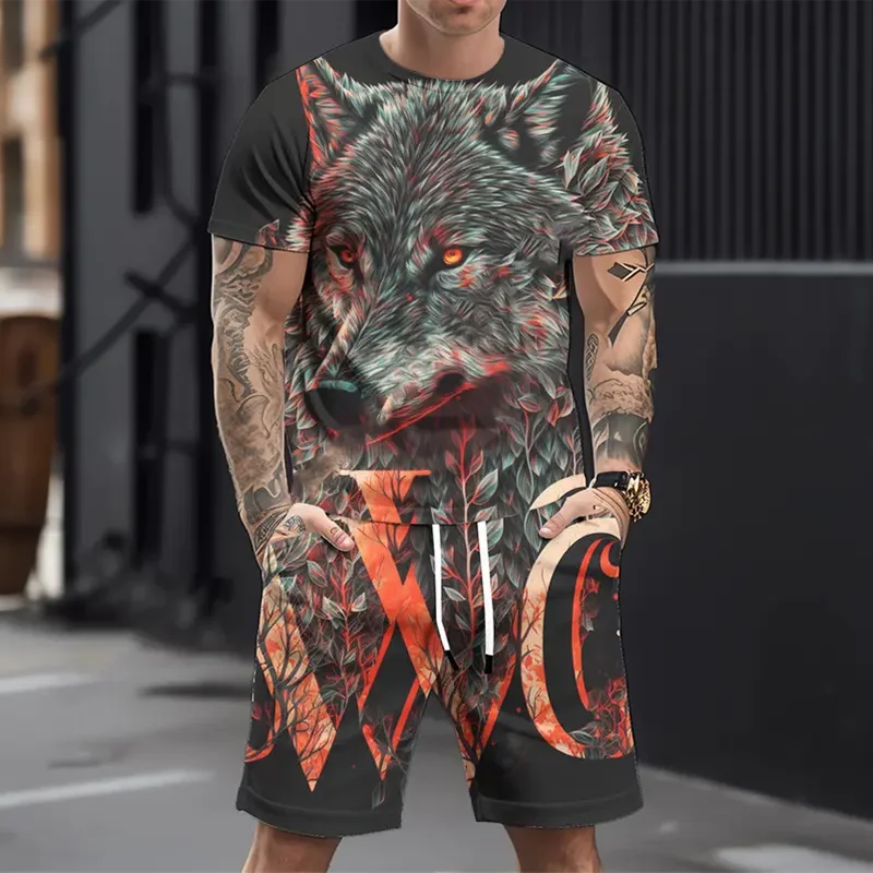 2025 Latest Men's Daily Leisure Sports Set Fashion Printed 3D Wolf Pattern T-shirt Shorts Set Summer Leisure Breathable