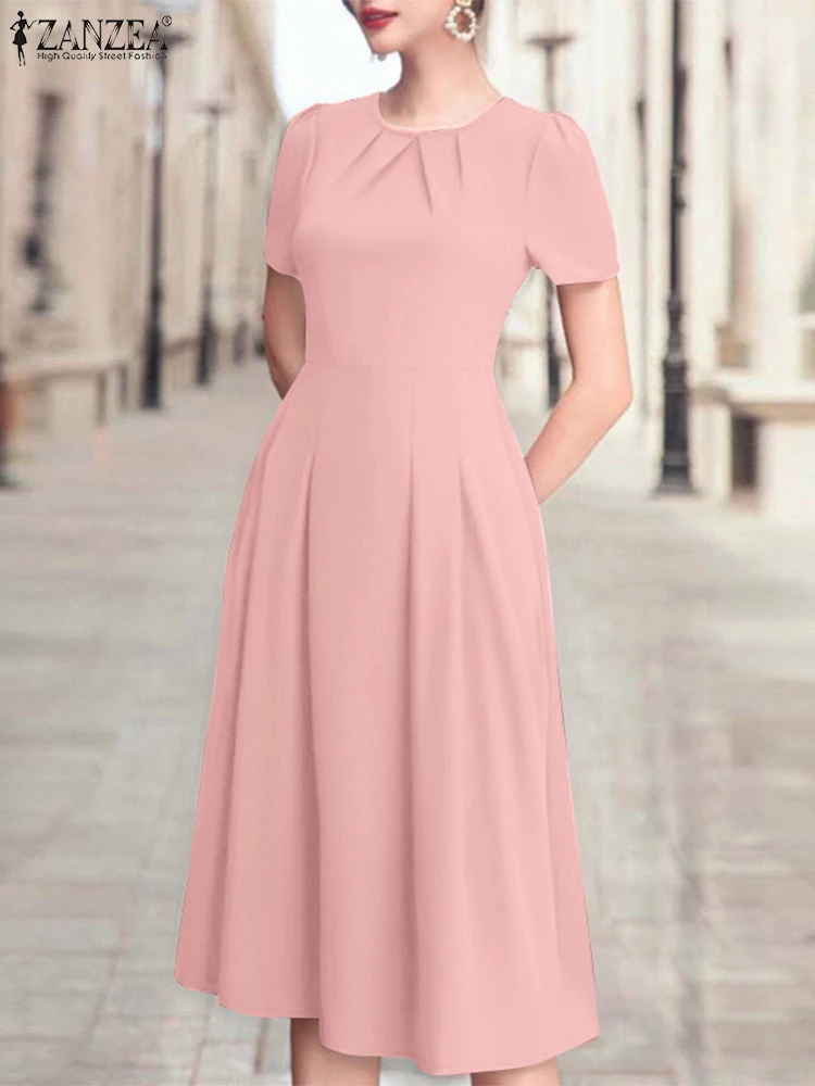 Mulheres elegantes trabalho ol vestido zanzea 2025 moda vestidos de festa verão sólido manga curta vestido casual plissado vestidos kaftan
