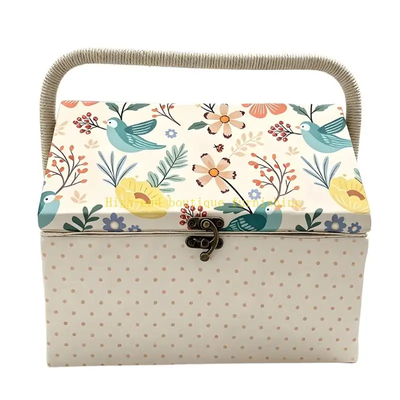L9NB Portable Sewing Storage Case with Bird Print Exterior, Front Closure and Carry Handle for Home Sewing and Supply Storage