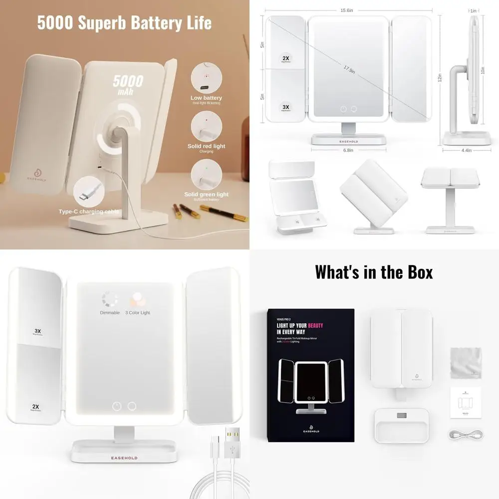 مرآة زينة مضيئة مع 116 مصباح LED، وإضاءة ثلاثية الألوان، وتكبير 1X-3X، وسطوع وزاوية قابلة للتعديل #1