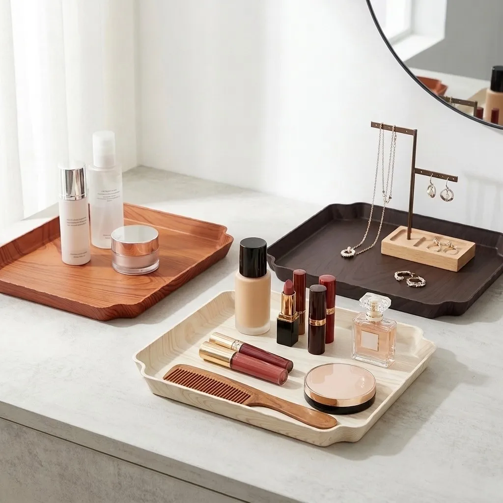 PP Plastic Wood Grain Vanity Tray Waterproof Stackable Makeup Organizer Cosmetics Perfume Storage Bathroom Counter Dressing Tabl