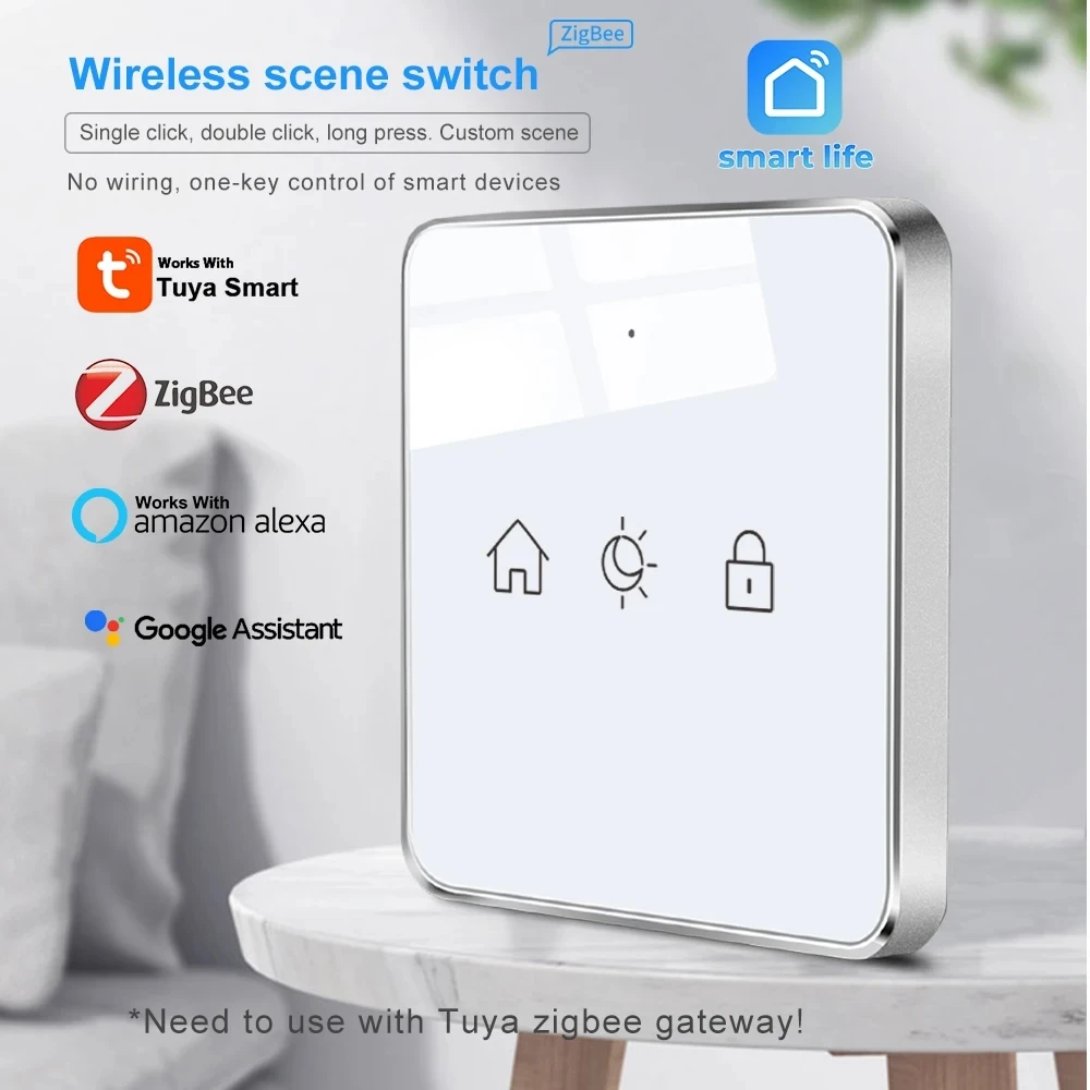 

Tuya ZigBee Wireless Scene Switch Touch Glass Panel Remote Controller 3Gang Smart life App Multiple Support Alexa Google Home