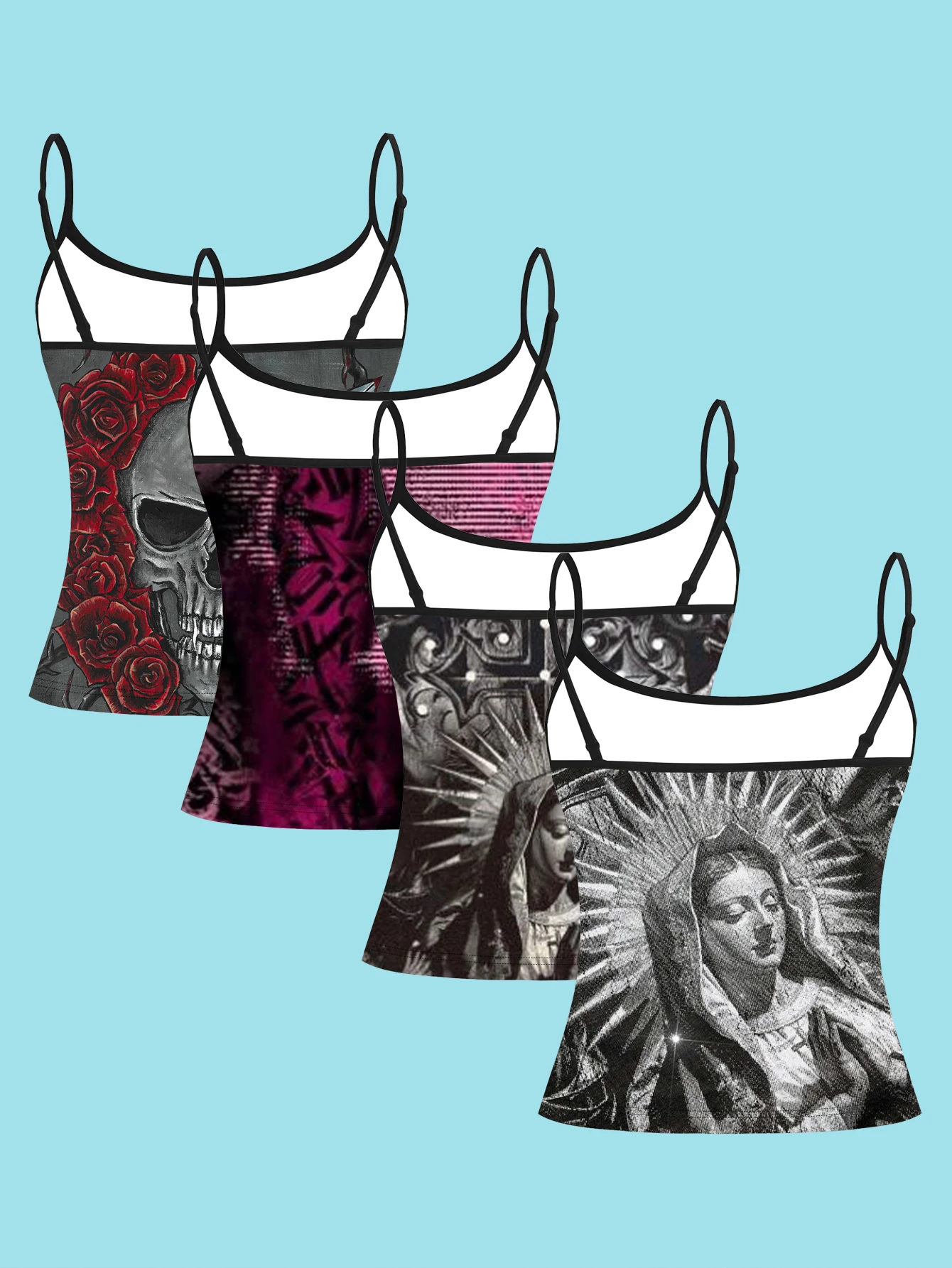 4-Piece Dark Religious Style Rose Skull Suspender Set with Vintage Distressed Patterns for Women, Featuring Thin Straps for Layering