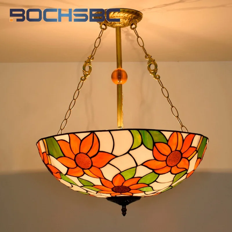 

BOCHSBC Tiffany Glass Garden style Sunflower chandelier Art Deco Hotel Living Room Dining Room Bedroom upside-down pendant light