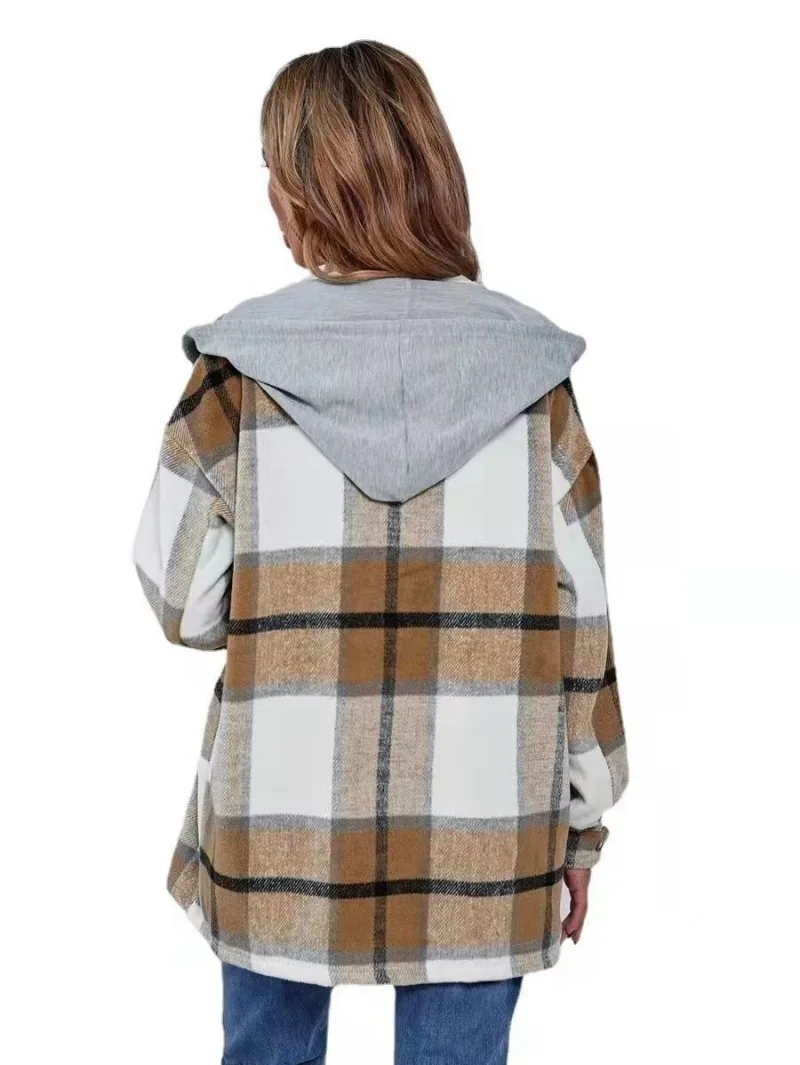 Vintage geruit flanellen overhemd met split en capuchon Tweed jas Casual katoenen damesjack met lange mouwen en zakken