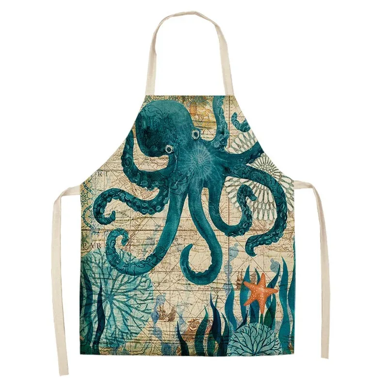 Marine Animals Printed Kitchen Chef Aprons for Women Kids Sleeveless Cotton Linen Bibs Cooking Baking Cleaning Tools 55x68cm