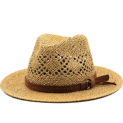 Hohle Männer Raffia Strohhut Stroh Cowboy Hüte westlichen Strand Filz Sonne Hüte Party Kappe für Mädchen Frauen Sommer Jazz Strohhut