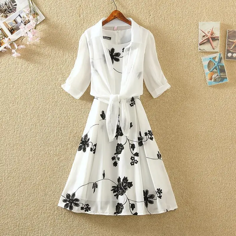 New Elegant Suit Two-piece Dress High Waist Sleeveless Slim A-line Skirt Floral Embroidery White Top Bow Belt Vintage  WOMEN