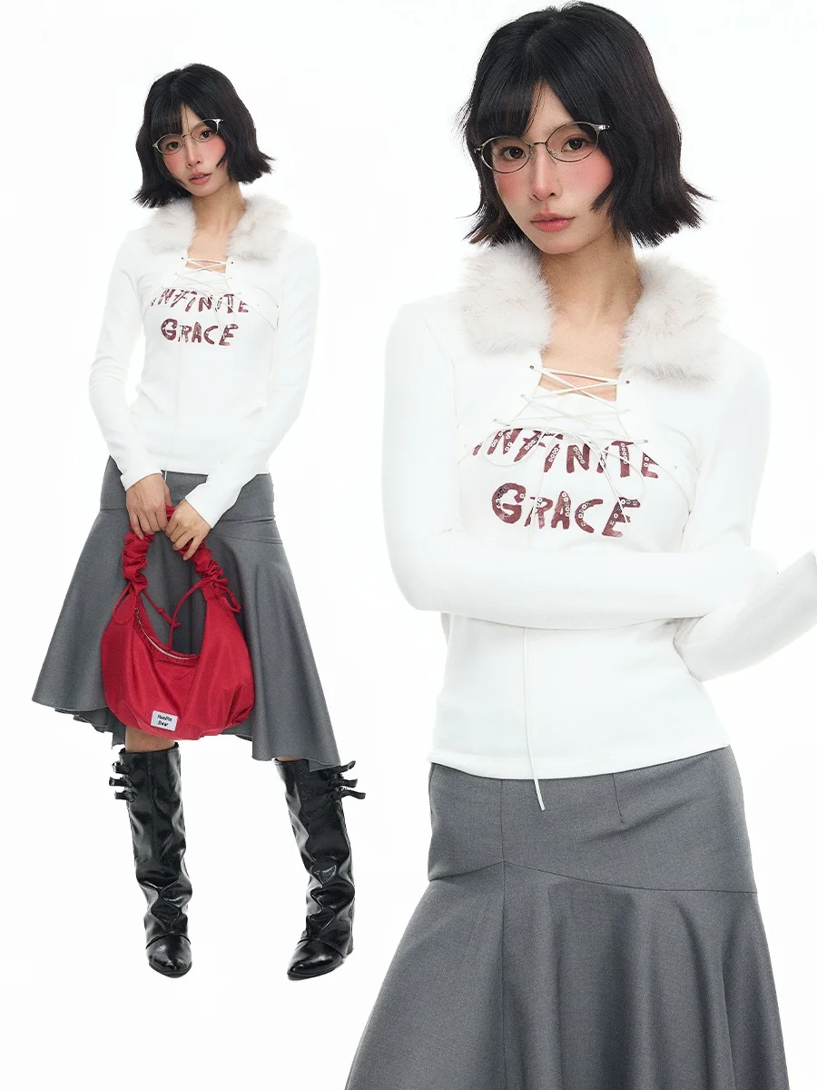 

Sanowers American Hot Girl Sle Long Sve T-irt Women's Spring Autumn Slimming Inner Wear Fake Two-Piece Flag Collar