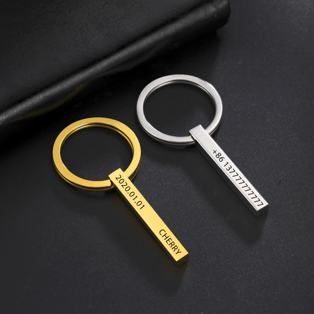 Personalized Bar Keychain for Men Women Stainless Steel Custom Four Side Keyring Engraved Name Text Key Chains Boyfriends Gift