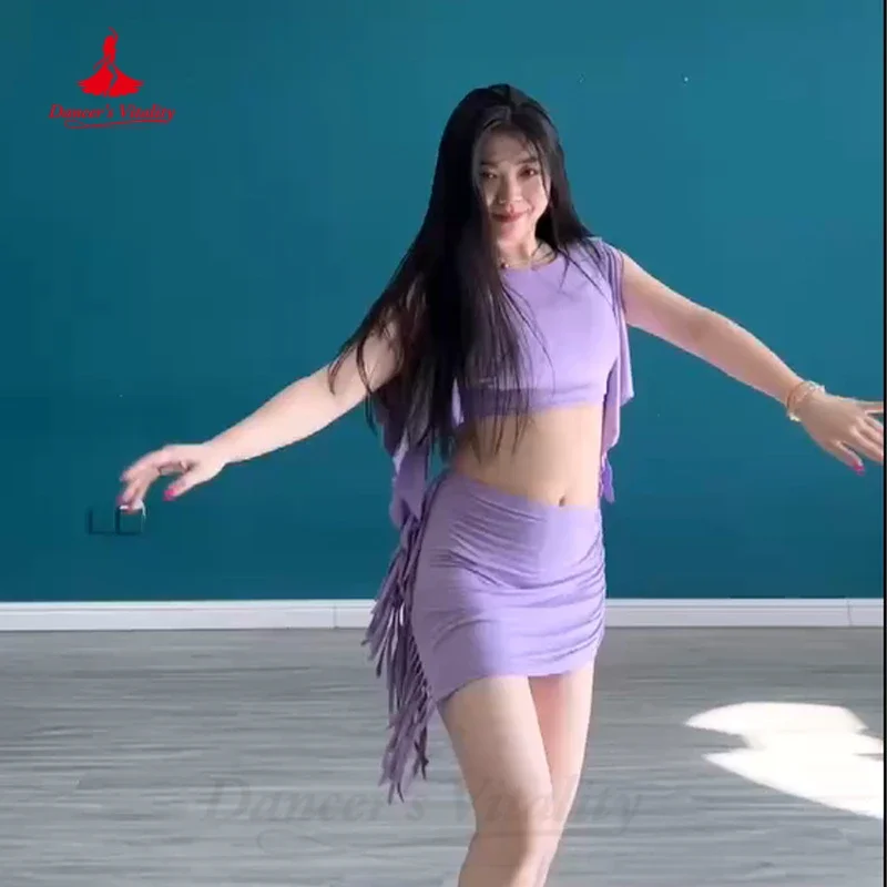 Ropa de práctica de danza del vientre para mujer, Top de manga corta Modal + falda, traje de danza Oriental femenina, conjunto de danza del vientre para niña, 2 uds.