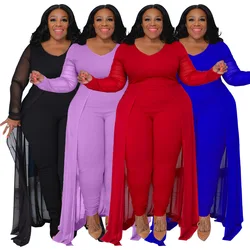 New Arrivals Plus size  Women Clothing Long-sleeved Stitching Stretch Jumpsuit for Party Club Rompers with Pocket 2024