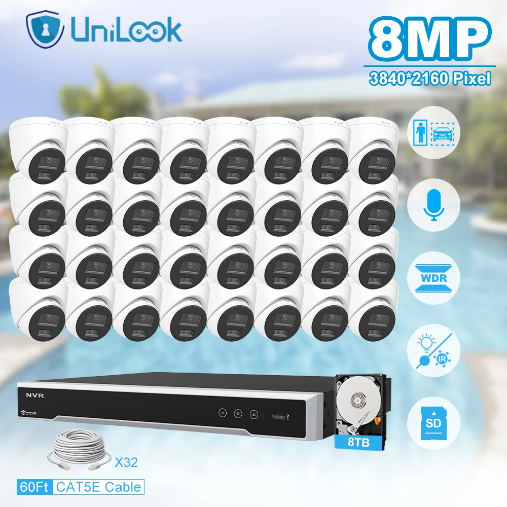 Unilook Security Protection 8MP Mini IP Camera System Kit 32pcs IP Camera Indoor 32CH NVR CCTV Security System P2P View IP66