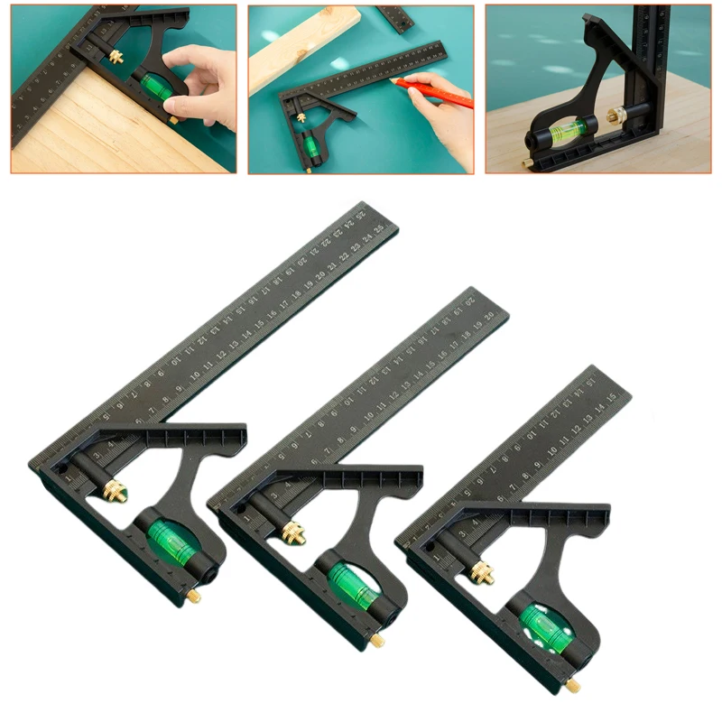 Règle multifonctionnelle mobile 150/200/250 mm avec rapporteur d'angle, niveau et équerre de menuisier – Outil de mesure et de traçage pour le travail du bois
