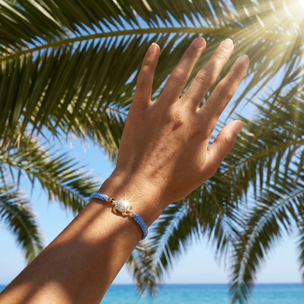Sparkling Sea Turtle  Rope Bracelet Lucky Blue Cord Friendship  Cute Y2K Aesthetic Crystal for Women Ocean Lover Jewelry