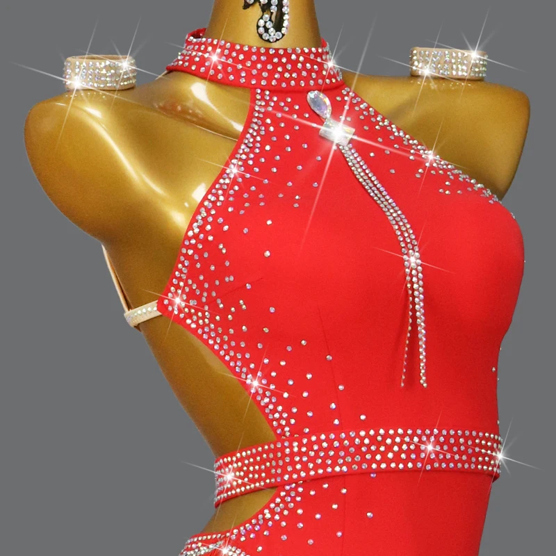 Vestido feminino vermelho de dança latina com pendão, saia sexy para competição adulta, roupa feminina, fato de festa esporte Cha-Cha, novo, 2024