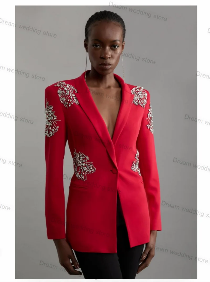 

Crystals Red Women Suit Pants Set 2 Piece Blazer+Straight Trousers Formal Office Lady Jacket Wedding Tuxedo Customized Prom Coat