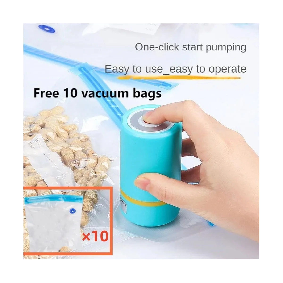 Portable USB Rechargeable Handheld Mini Bag Sealer Kitchen Smart Small Food Household Vacuum Sealer with 10 Bags Blue