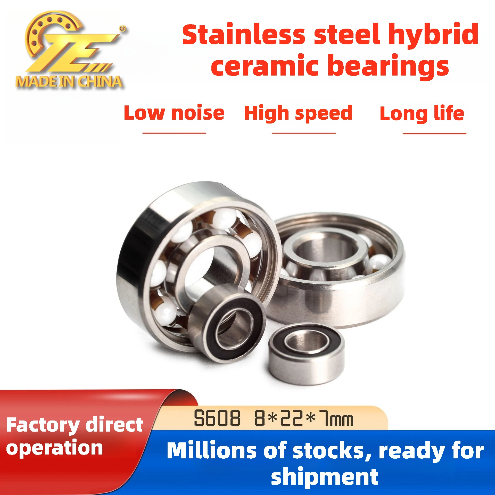 Factory spot stainless steel hybrid ceramic bearing S608 open 8 * 22 * 7 white ball black ball roller skates