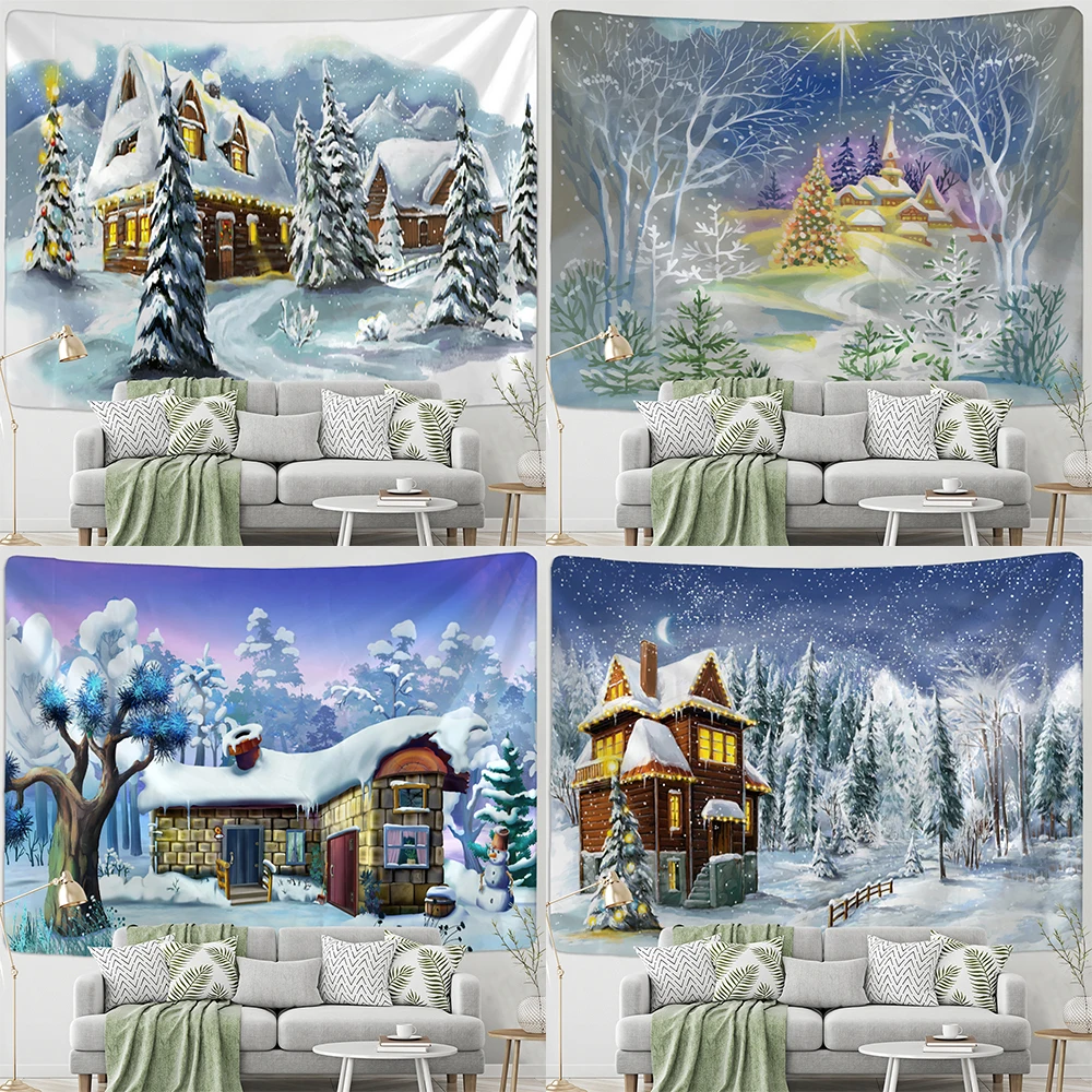 Snowy Night Landscape Tapestry Wall Hanging Christmas Gift New Year Bohemian Style Home Decoration Background Cloth 