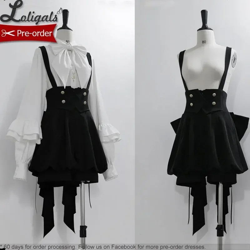 قميص لوليتا أبيض قوطي بأكمام طويلة شورت بحمالات من Ouji Prince باللون الأسود القديم مع القوس ~ دمية أنيقة من Princess Chronicles