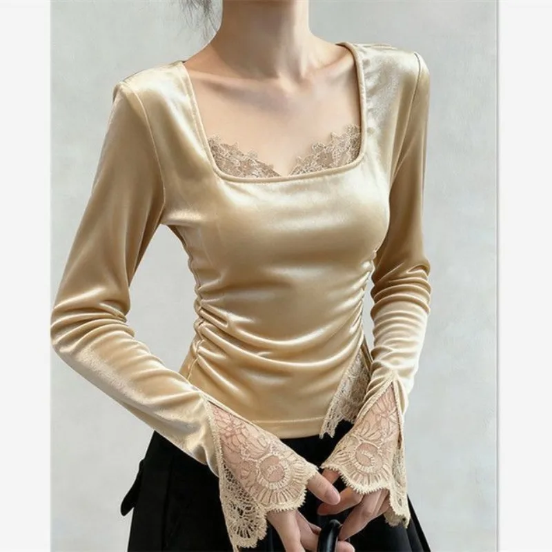 

Женская блузка-рубашка из шерсти с кружевом для весны и осени: новая, элегантная, комфортная, повседневная, минималистичная, нишевая, универсальная, модная, уникальная