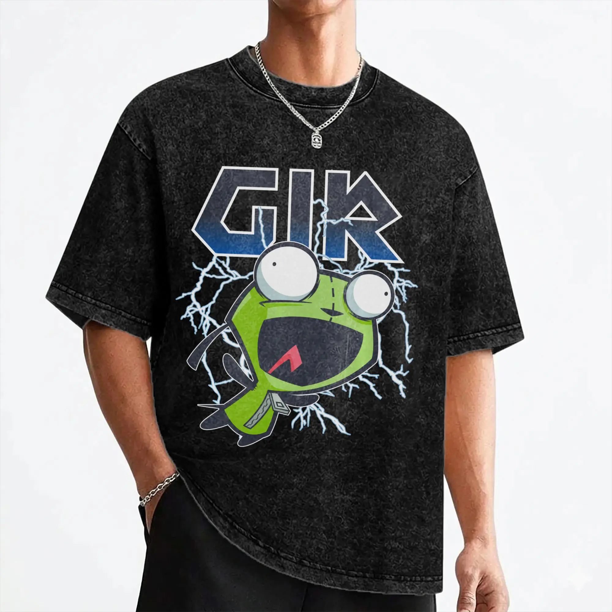 Cartoon Invaders Zim Gir Washed T Shirt Streetwear Retro T-Shirts  Tees Men Women 100% Cotton Oversize Summer