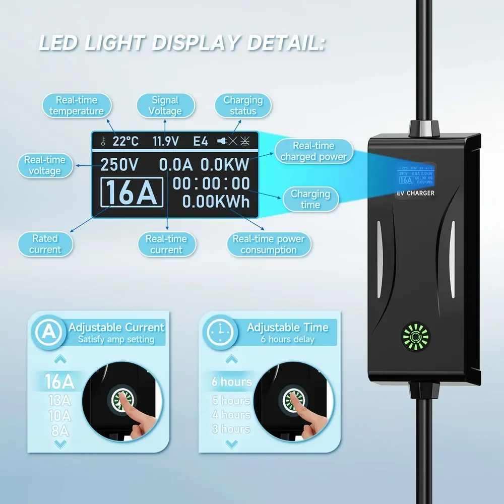 Cargador EV portátil para coche eléctrico, Cable de carga de 3,6 kW, 16A, tipo 2, tipo 1, SAE J1772 EVSE, enchufe europeo, caja de pared, controlador