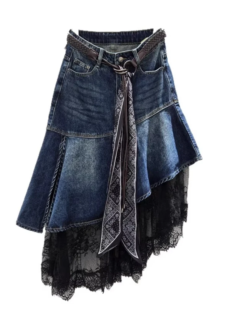 Sexy irregular renda emenda moda cintura alta a linha saia jeans menina outono versátil europeu americano personalidade saias